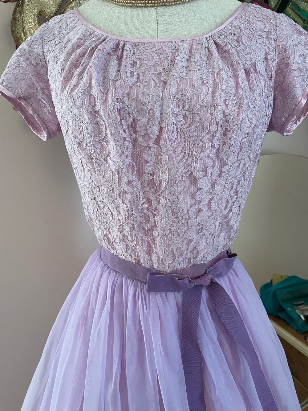 1960s Lavender Lace Cupcake Party Dress with Grosgrain Ribbon Waist Back Zip - Picture 3 of 12